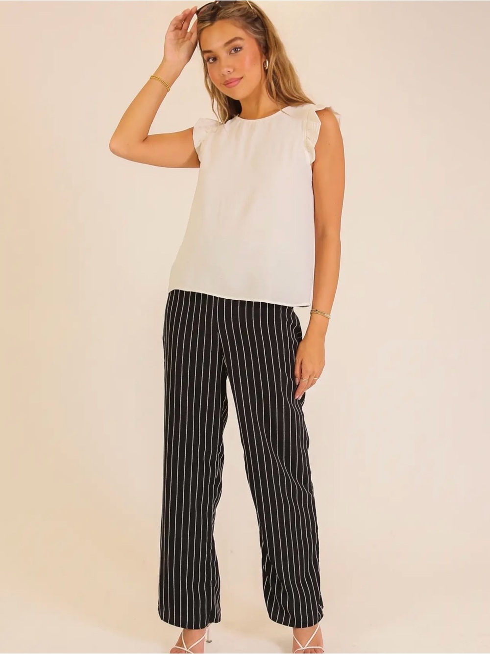 Timing Cream Ruffle Cap-Sleeve Shell Top - Picture 5 of 5